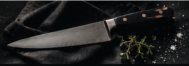 Chef knife on a dark work surface